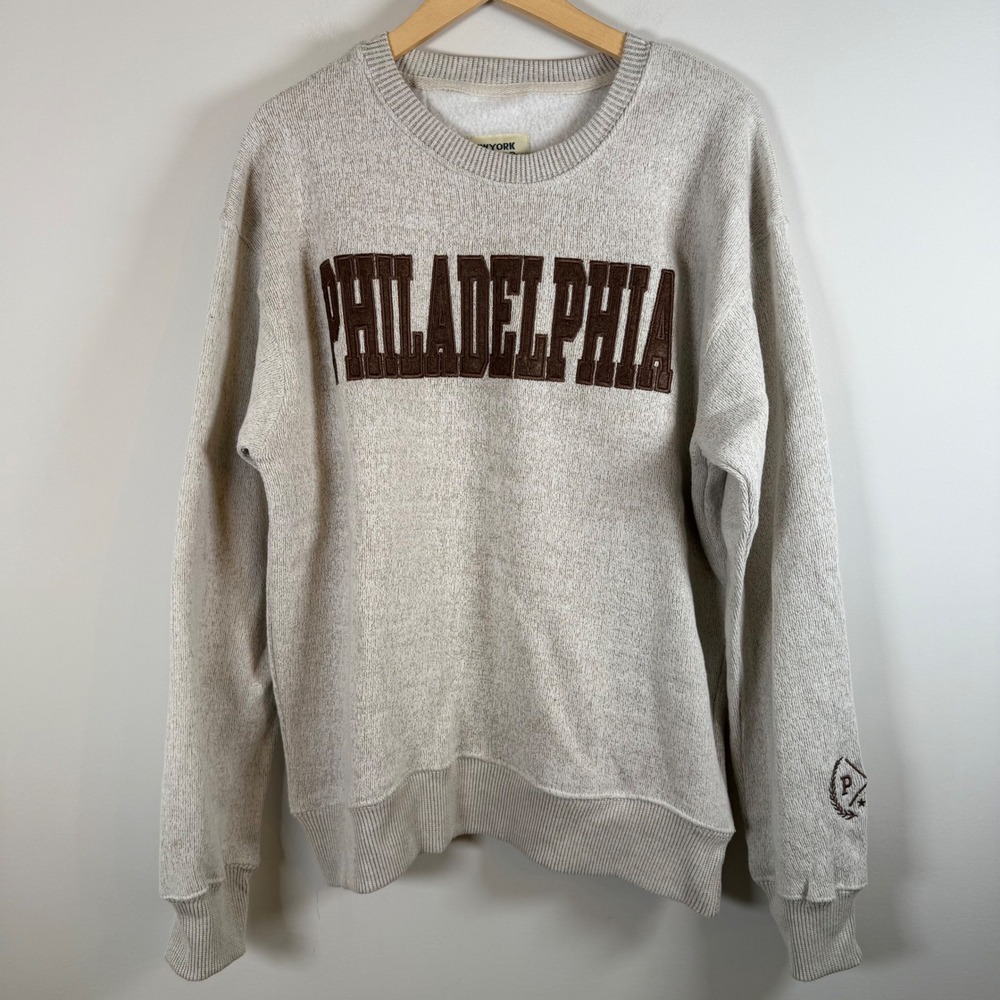 New York Popular Philadelphia Crewneck Sweatshirt Large Oatmeal Graphic Pullover